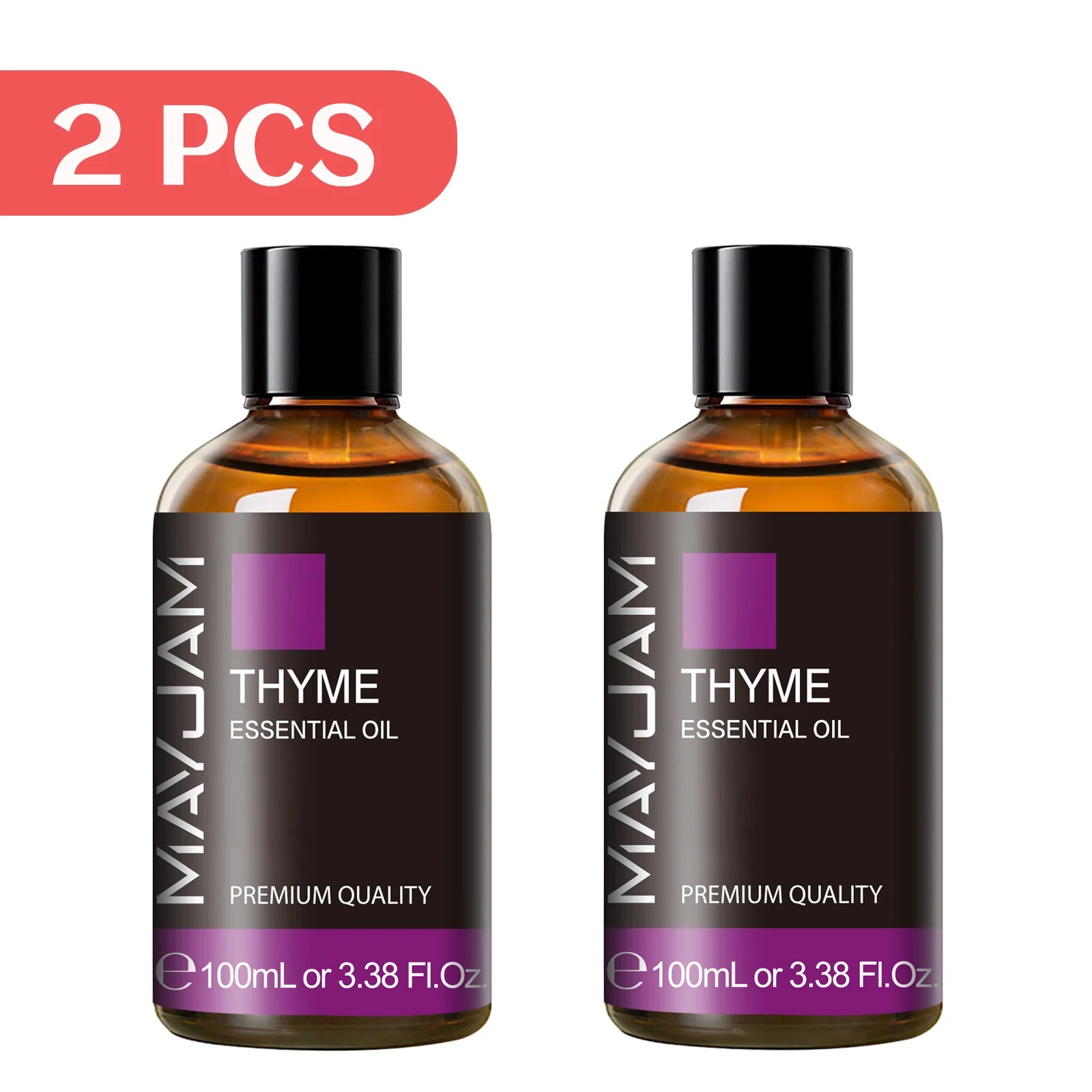 Thyme essential oil, 2x100ml amber bottles with black caps.