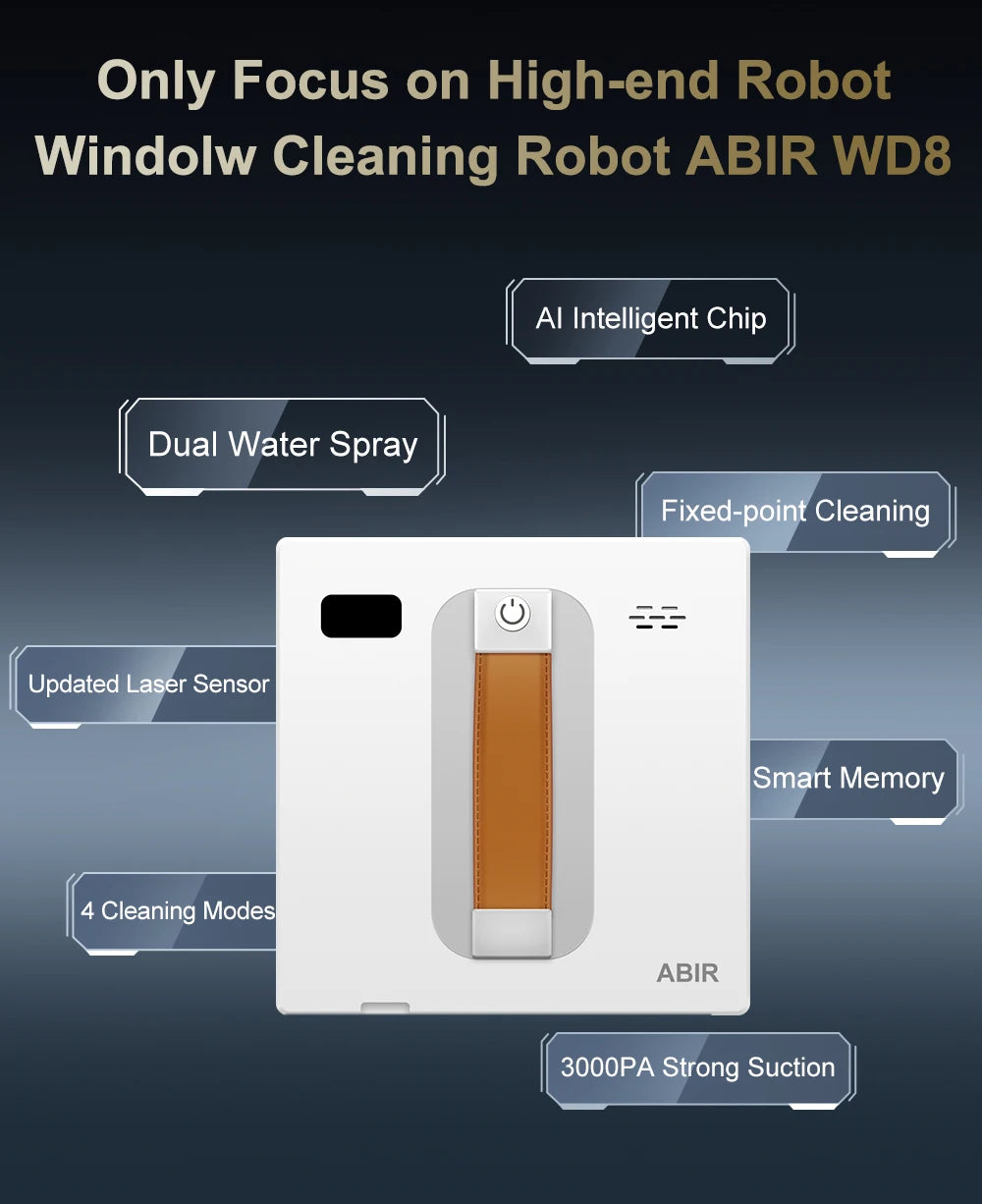 Tidesmit ABIR WD8 window vacuum robot cleaning glass with dual ultrasonic spray and intelligent AI laser navigation.