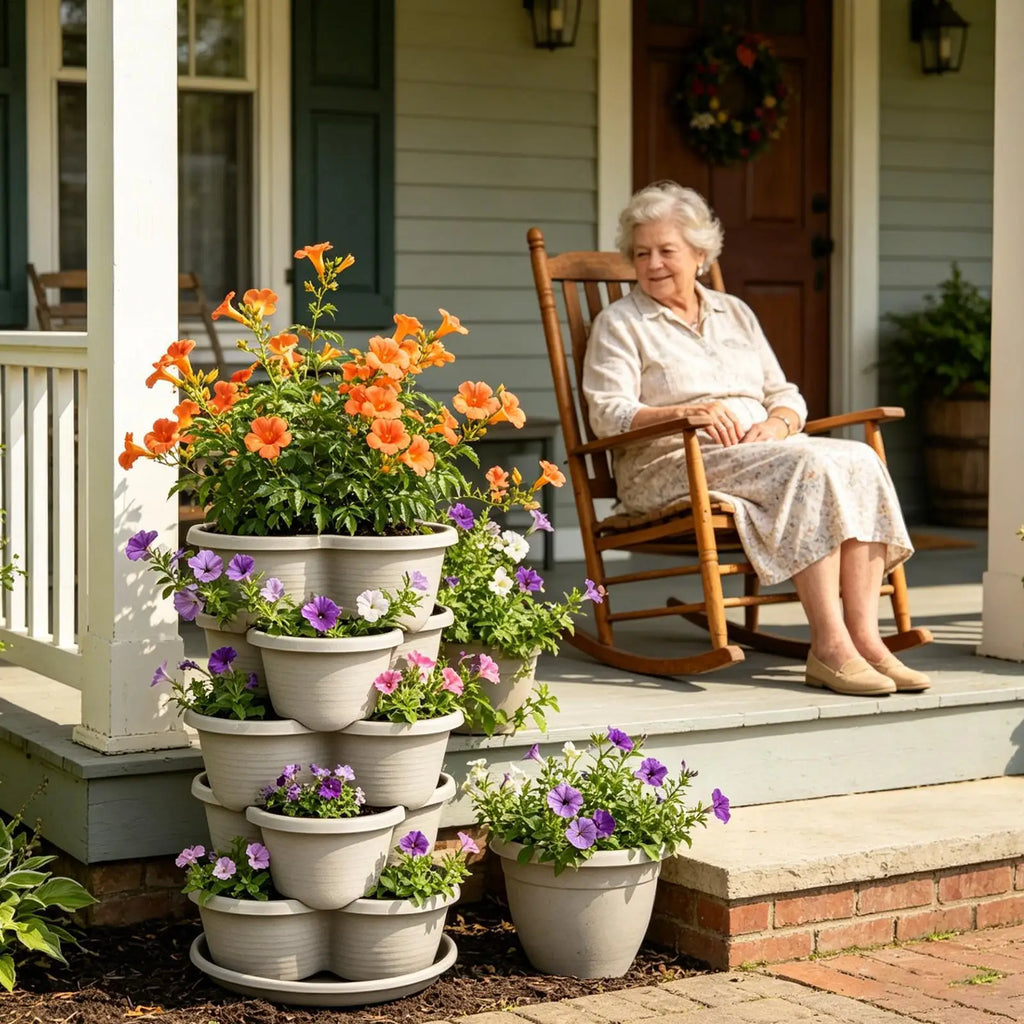 White stackable vertical butterfly planter tower with purple and orange flowers on porch steps