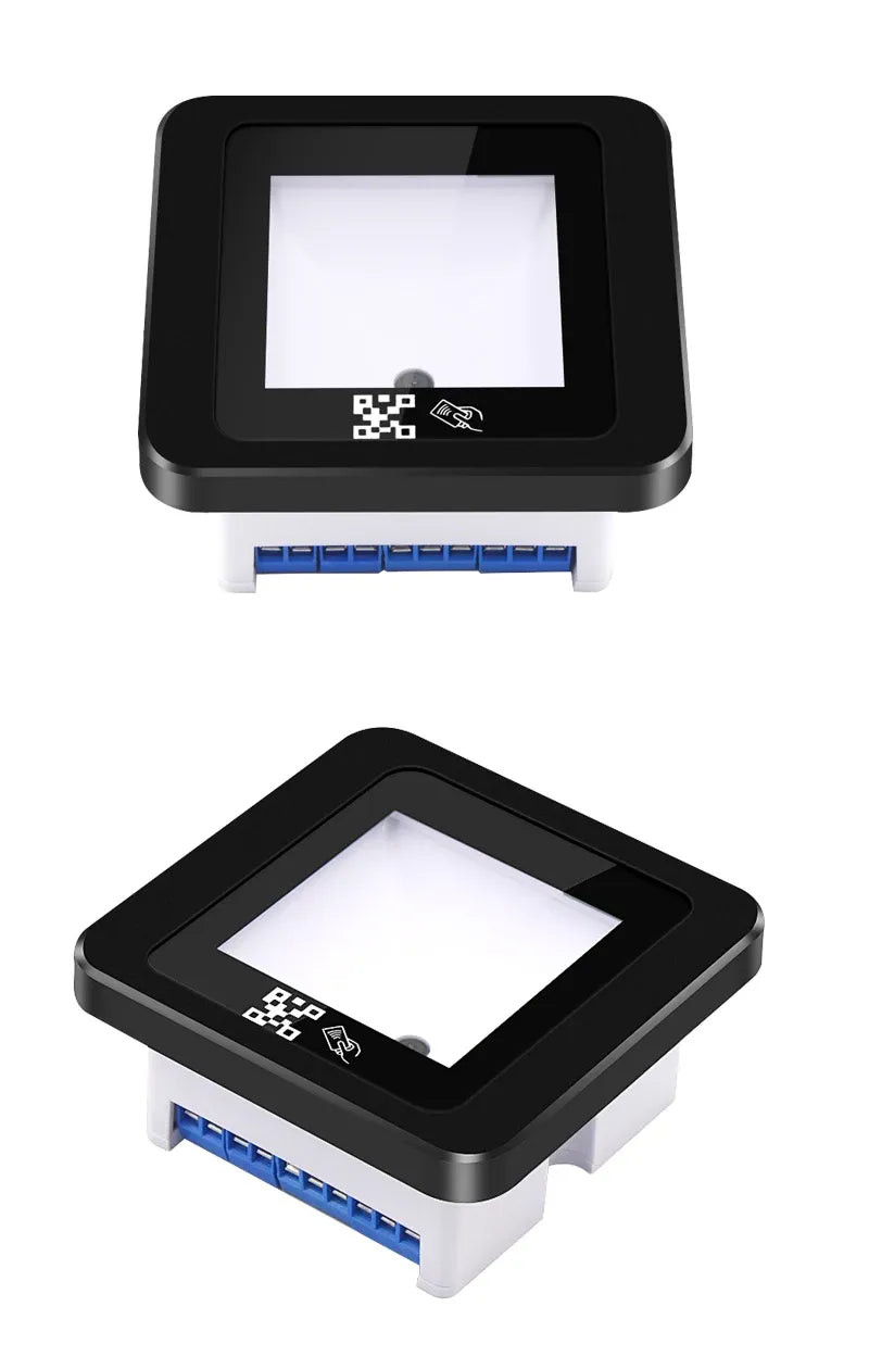 QR/RFID access scanner front and angled views with scan window and blue ports