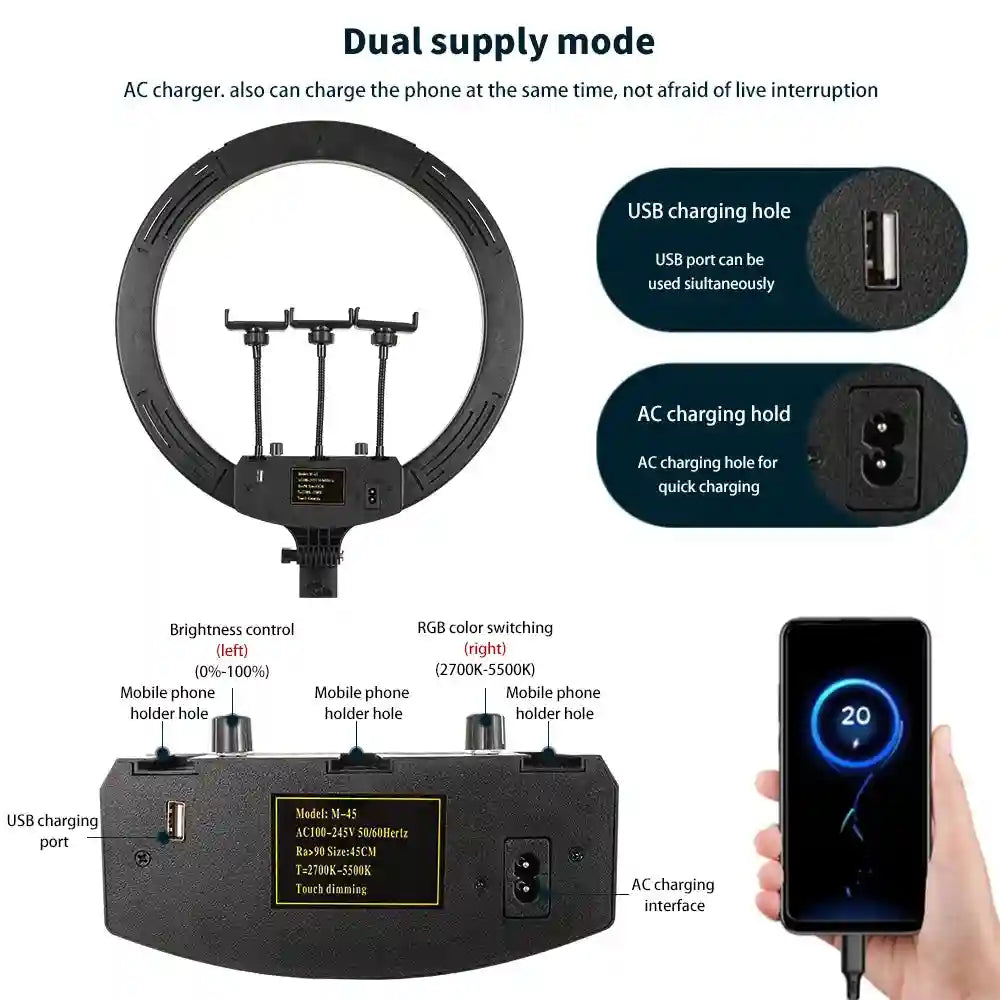 18 Inch RGB LED Ring Light with Tripod - Dimmable Studio Lighting Tidesmit