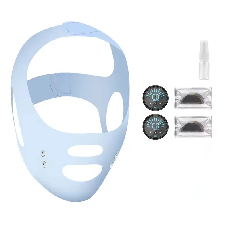 Light blue silicone facial EMS lifting strap with two digital controllers, a spray bottle, and two gel pad packets.