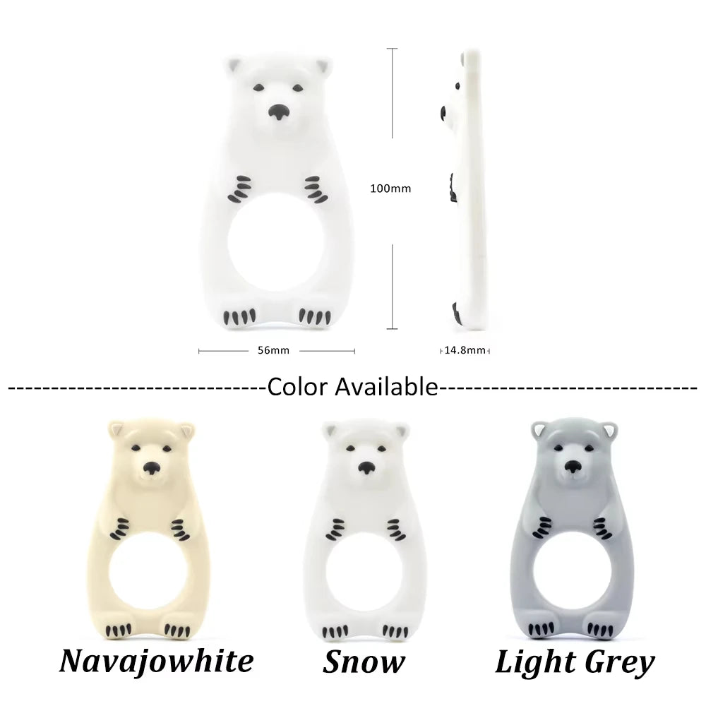 White, beige, and grey silicone baby teething ring toys shaped like polar bears for infant teething relief.