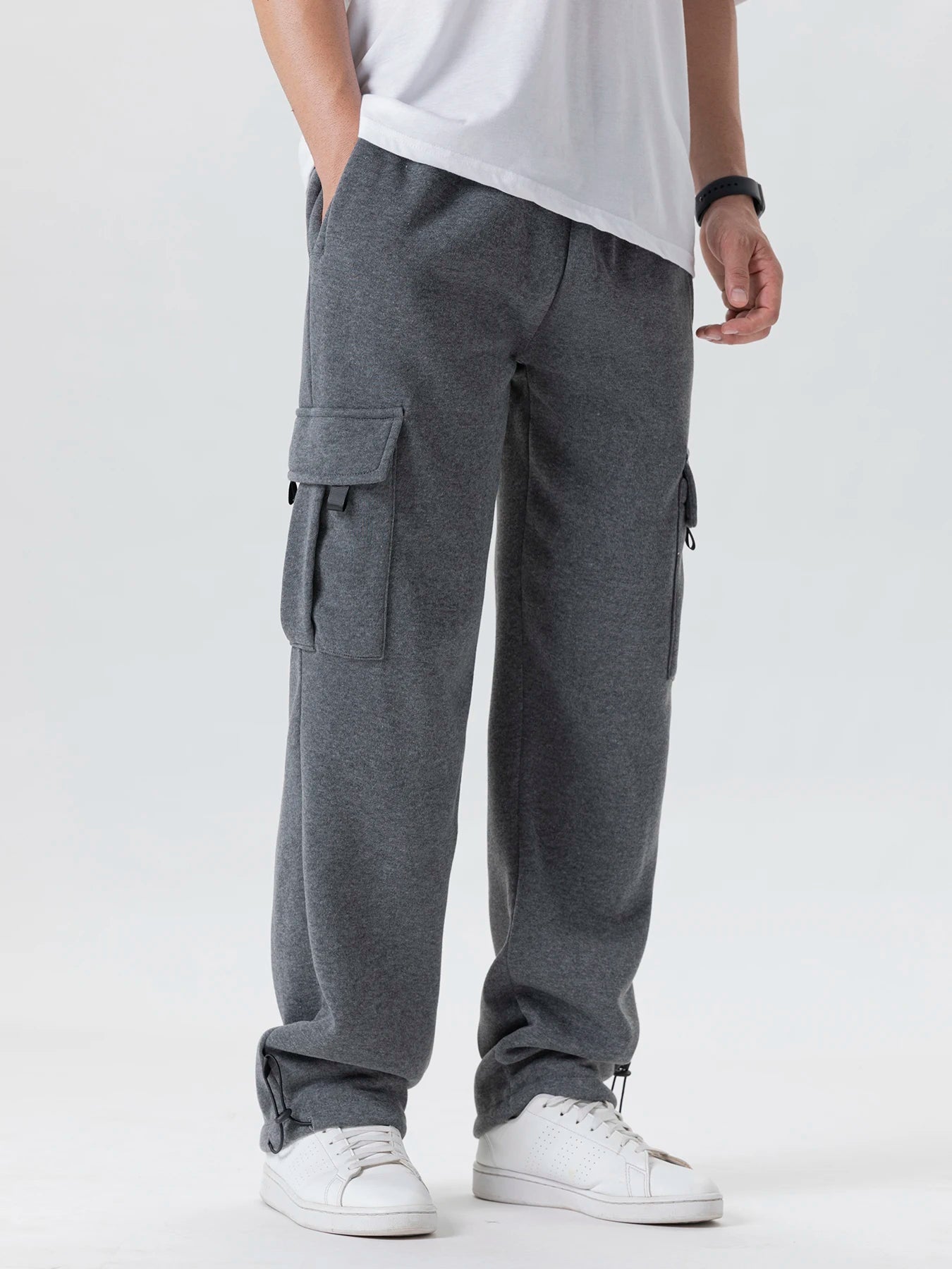 Tidesmit men's dark gray loose-fit cotton joggers with side cargo pockets and drawstring cuffs.