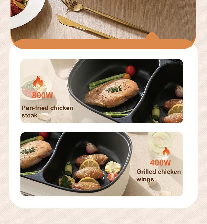 6L multifunction electric cooking pot with dual cooking zones and non-stick liner, white body