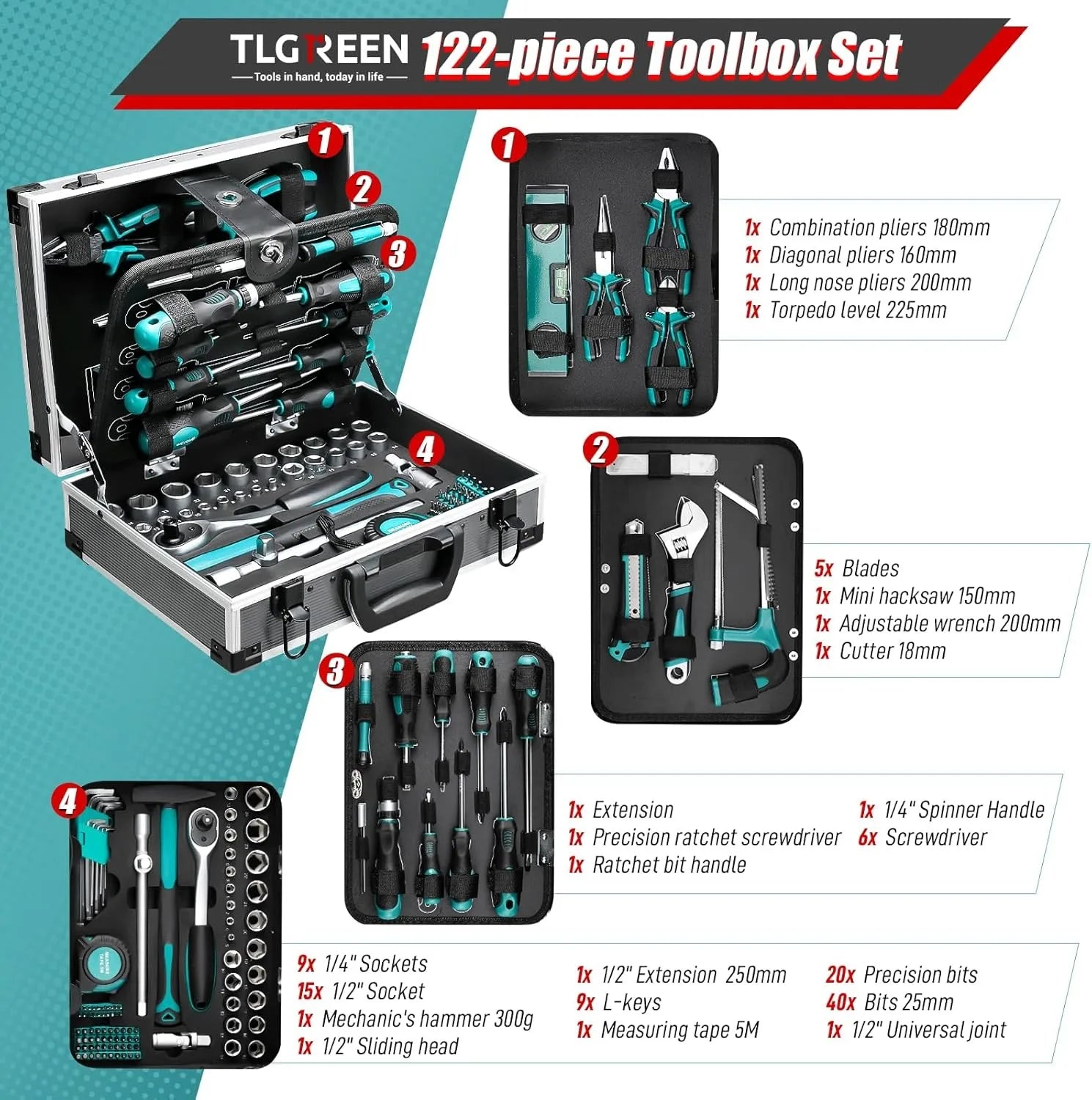 Aluminum Tool Case Filled with 122-piece Tool Set | Workshop Case Equipped w/ Wrenches, Hammer, Pliers, Screwdrivers, Toolbox
