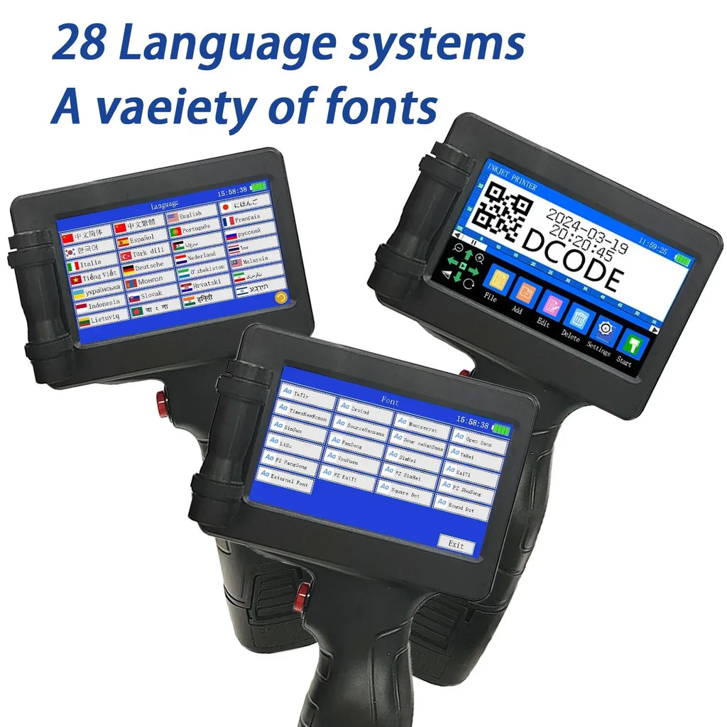 Handheld inkjet printer with touchscreen showing multiple font templates