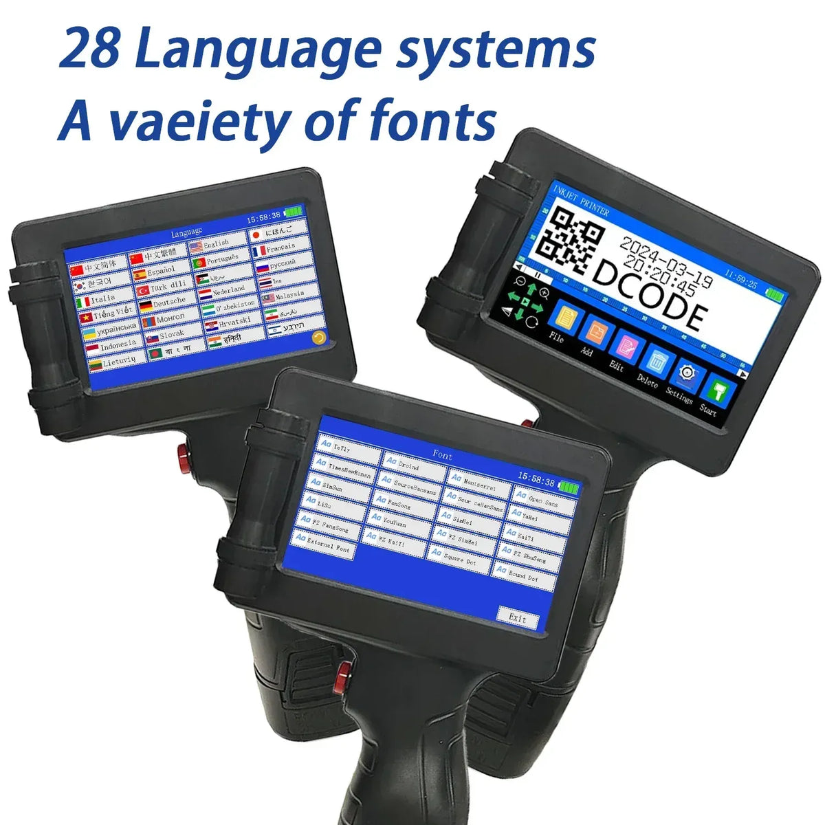 Handheld inkjet printer with touchscreen showing multiple font templates