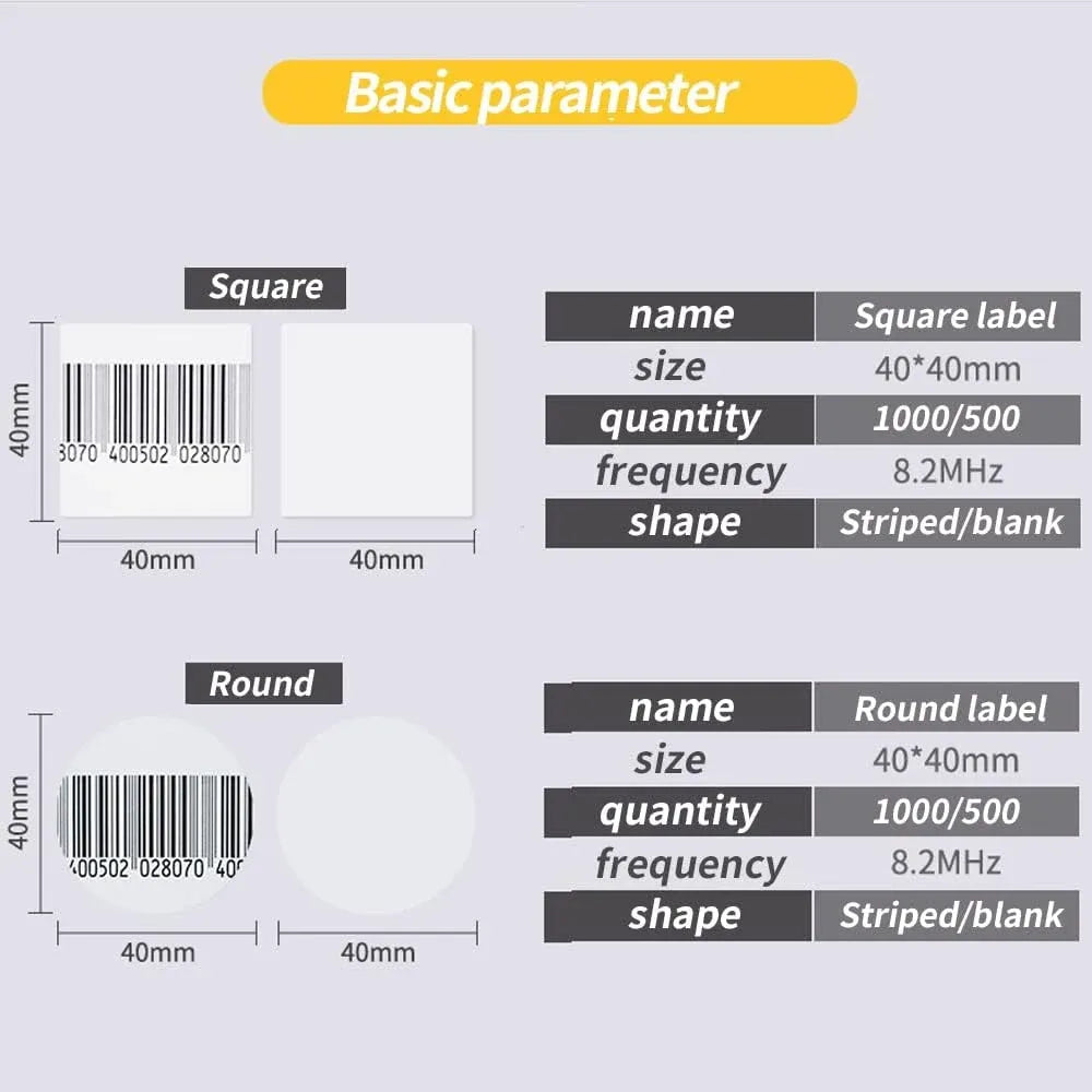 Security label parameter chart comparing square and round versions, 8.2MHz