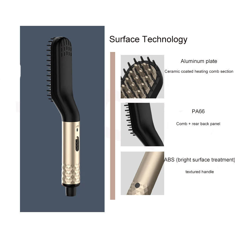 Portable black & gold beard straightening comb with ceramic-coated aluminum plates and textured ergonomic handle.