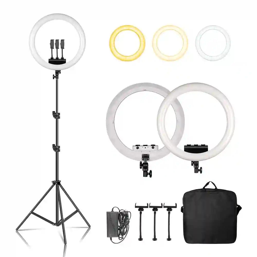 Large LED ring light on adjustable tripod stand with phone mounts, power adapter, and carrying case.