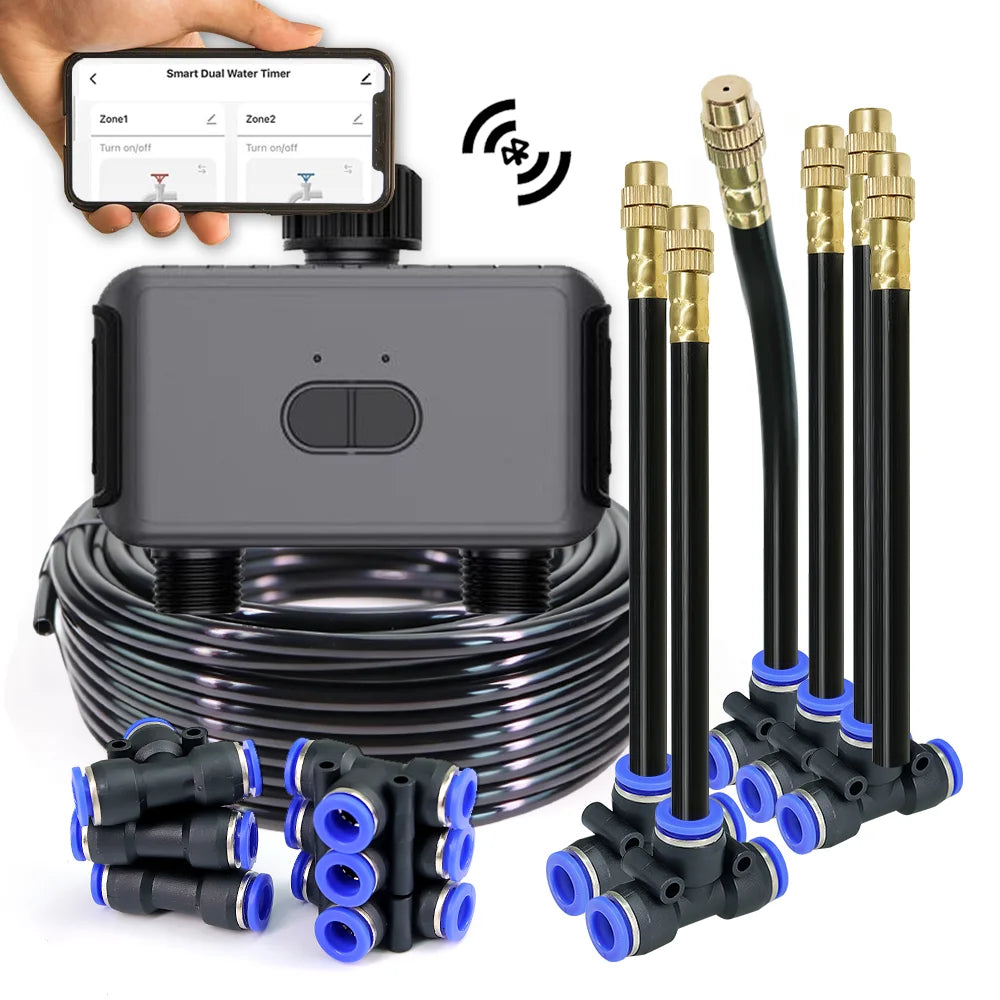 Smart Bluetooth irrigation timer with coiled hose and brass spray connectors, dual ports