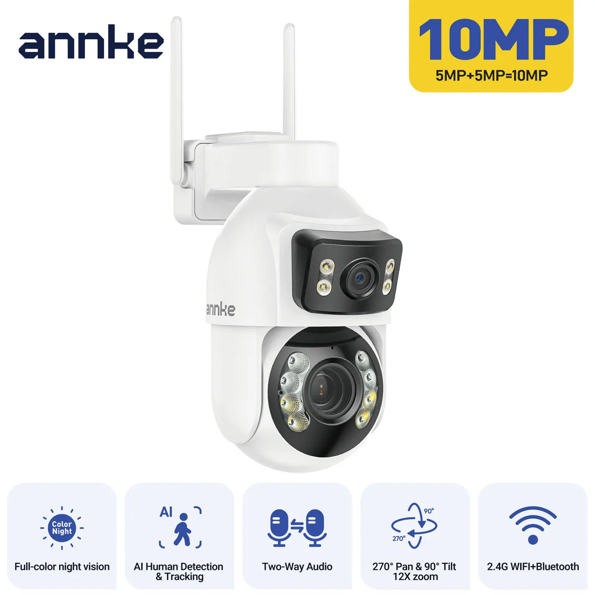 ANNKE dual-lens PTZ security camera, side view with dual lens module, white housing