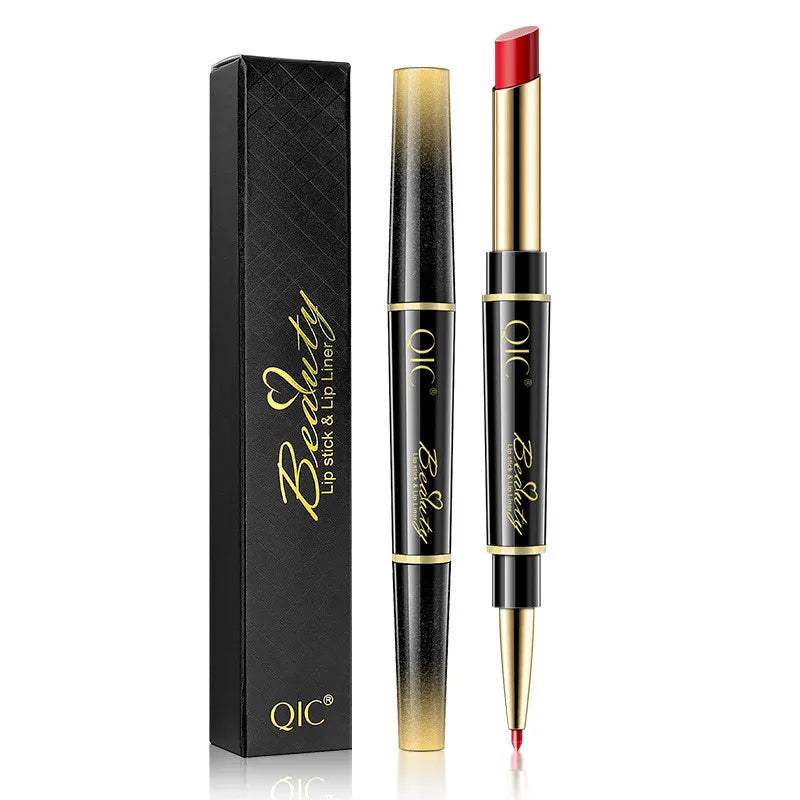 2-in-1 waterproof red matte lipstick and lip liner pencil in a sleek black and gold double-ended applicator.