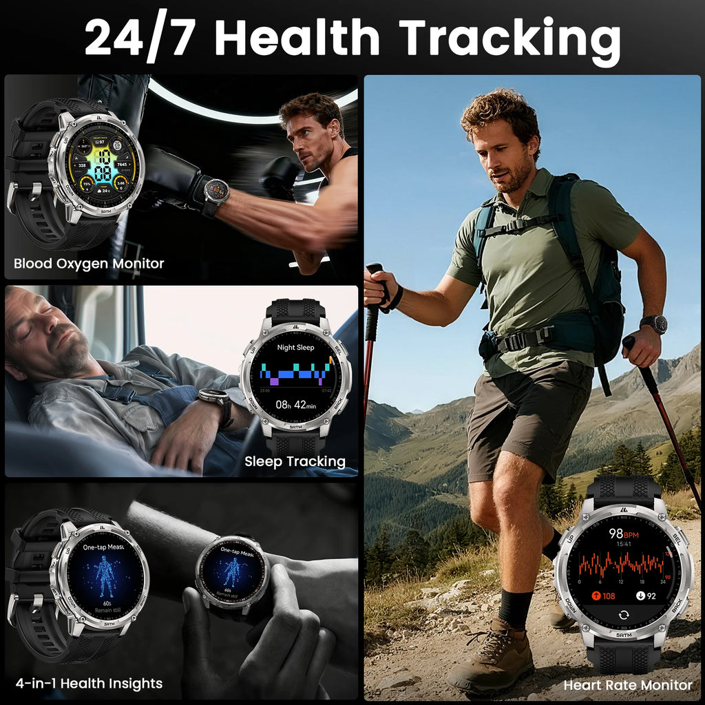 KOSPET TANK T4C Smart & Rugged Watch for Men Military-Grade Body with GPS Health Tracking & On-Wrist Flashlight 5ATM Waterproof