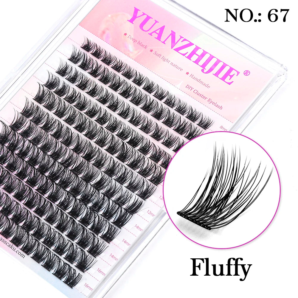 A tray of 144 black, fluffy, segmented DIY cluster lashes in various lengths, with a zoomed-in view of one cluster.