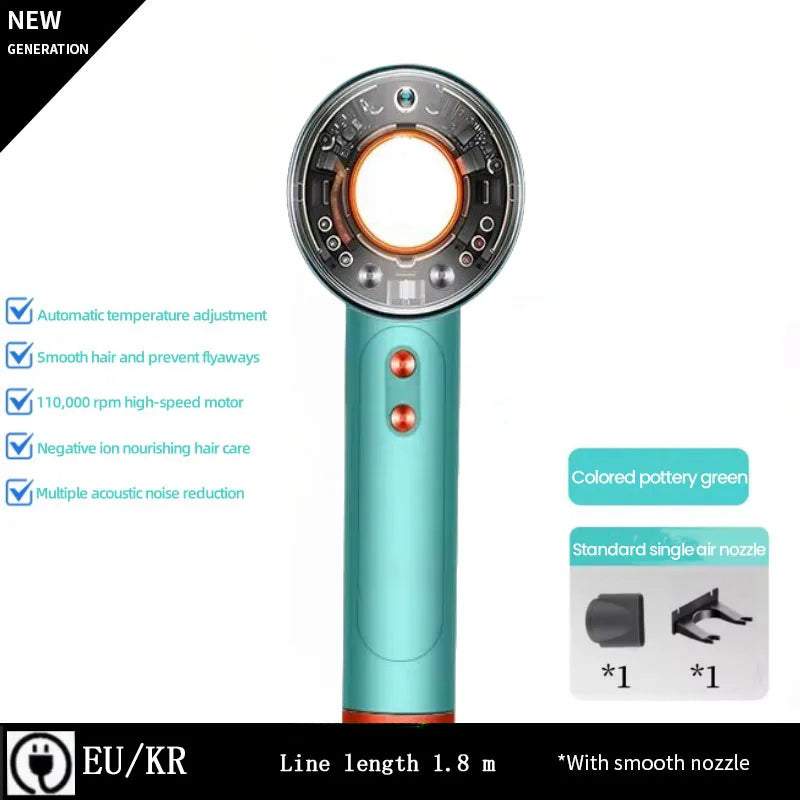 Green high-speed leafless hair dryer with negative ion tech, nozzle attachments, and 110,000 RPM motor.