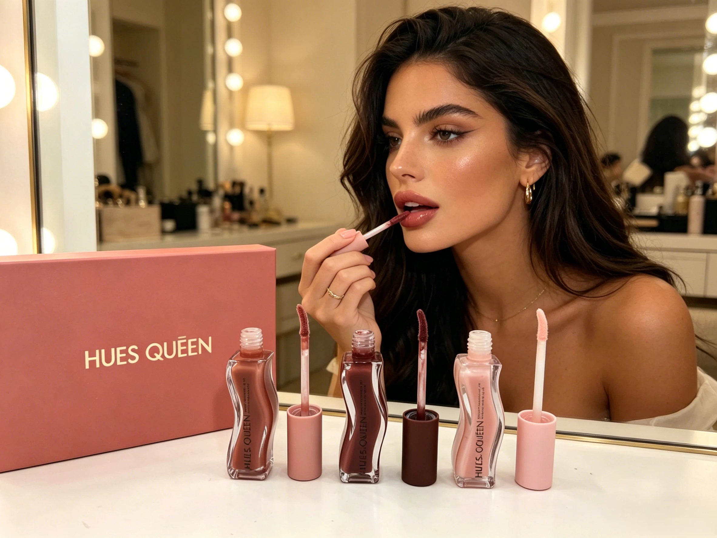 Hues Queen moisturizing 3-color lip gloss set with hydrating, high-shine tinted finish for a glamorous Western makeup look.