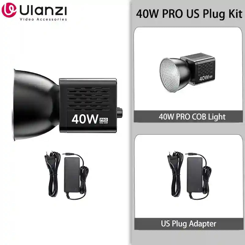40W PRO COB video light kit with black rectangular lamp head, silver reflector bowl, and US plug power adapter.