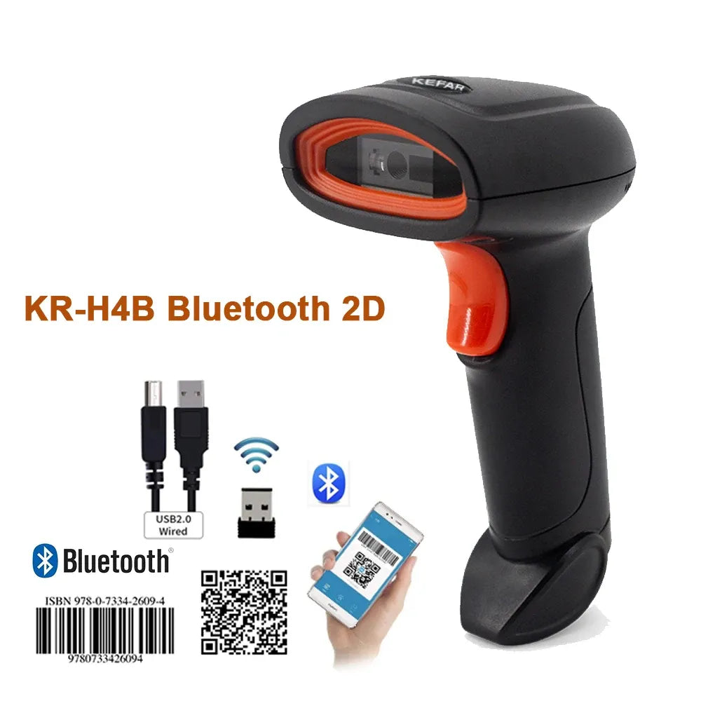 Bluetooth 2D handheld barcode scanner, black body with orange accent and scanning window
