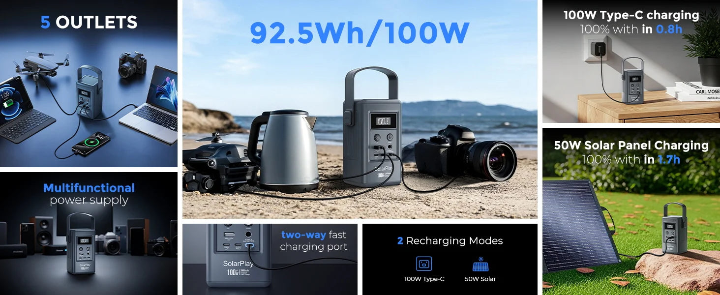 SOLARPLAY Q100 Portable Outdoor Power Station 25000mAh Battery 100W USB-C Output Solar Charging Emergency Power Supply for Camping Travel Outdoor Activities
