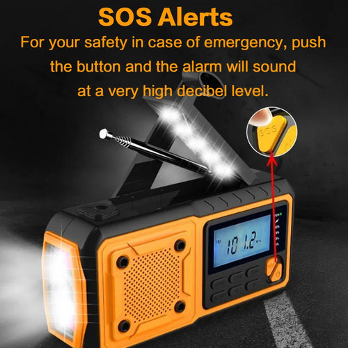 Black and orange emergency radio with LED flashlight, solar panel, extendable antenna, and highlighted SOS button.