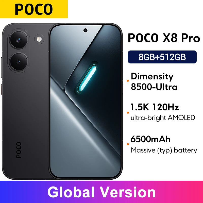 Black POCO X8 Pro smartphone, 1.5K 120Hz AMOLED display, Dimensity 8500-Ultra, 6500mAh battery, Global Version.