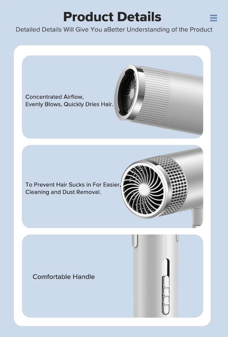 Silver leafless hair dryer with concentrated airflow, anti-tangle vent, and ergonomic handle for quick, quiet styling.