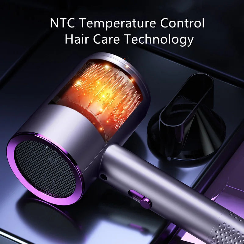 Purple high-speed ionic hair dryer with NTC temperature control, nozzle attachment, and rapid dry ceramic heating.