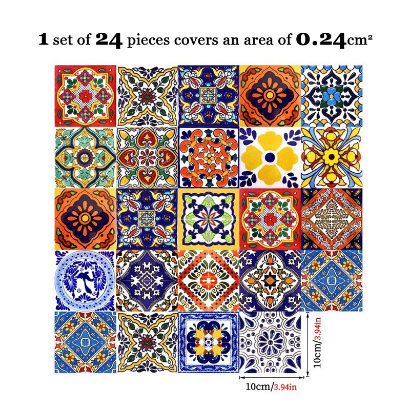 24pc Tile Stickers 4x4in Peel and Stick Backsplash Bathroom Waterproof Tile Stickers Colorful Mexican Tile Stick Home Decor