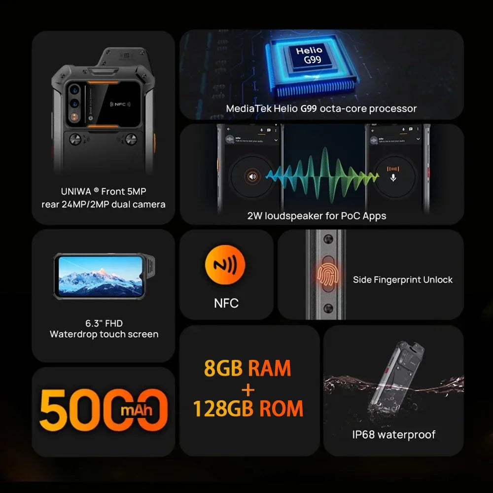 UNIWA W999 ATEX Explosion-proof Smartphones Rugged IP68 6.39" FHD Andriod13 8GB+128GB 5000mAh Walkie Talkie PTT NFC Mobile Phone