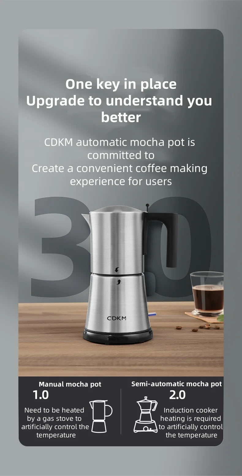 CDKM stainless steel automatic mocha pot, a sleek electric espresso maker for convenient, modern home coffee brewing.
