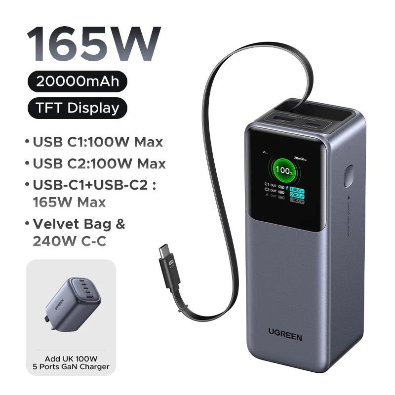 Portable Power Bank 165W 20000mAh PD3.0 Fast Charger for Laptops Add UK 100W Tidesmit