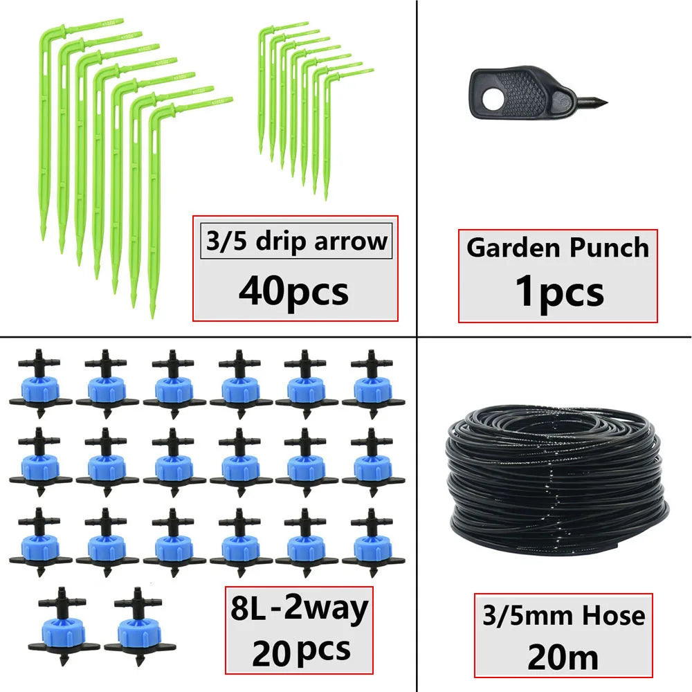 Greenhouse Potted Curved Arrow Dropper Micro Drip System 2L4L8L Pressure Compensation Dripper 3/5mm 2/4-way Irrigation Kit