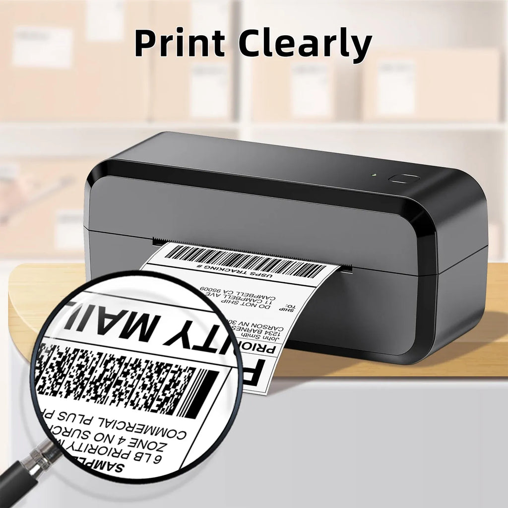 Barcode shipping label print quality shown with magnifier over clear text