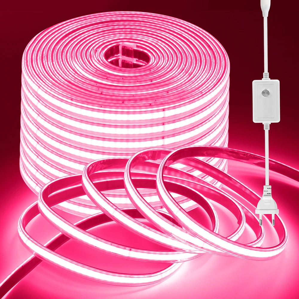 220V 10 Colors Dimmable COB LED Strip Light 240 LEDs Flexible Tape Dimmer EU Power Plug Kit TV Night Lights Home Linear Lighting