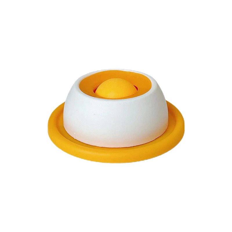 Yellow and white interactive dog and cat lick mat for dental health and slow feeding, featuring a non-slip base.