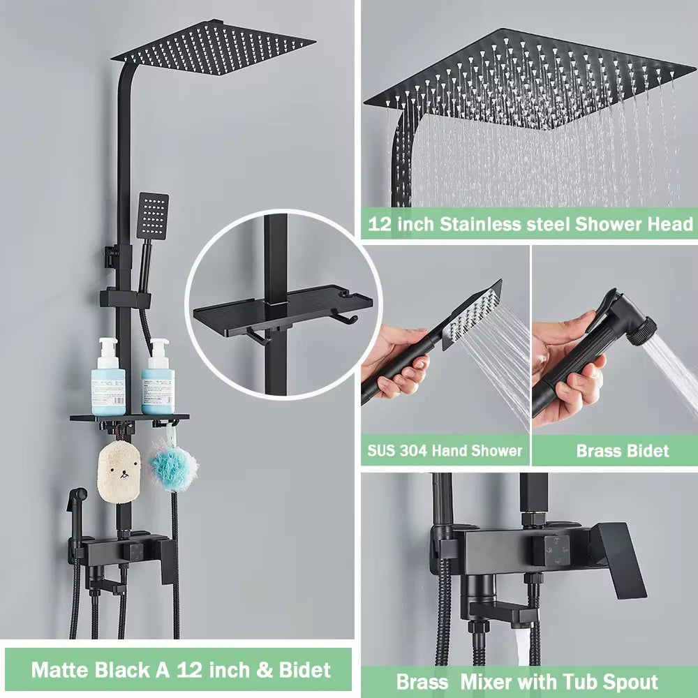 Rainfall Bathroom Shower Faucet Kit With Bidet Wall Mounted Stainless Steel Hot Cold Water Mixer Tap System With Rack,Tub Spout