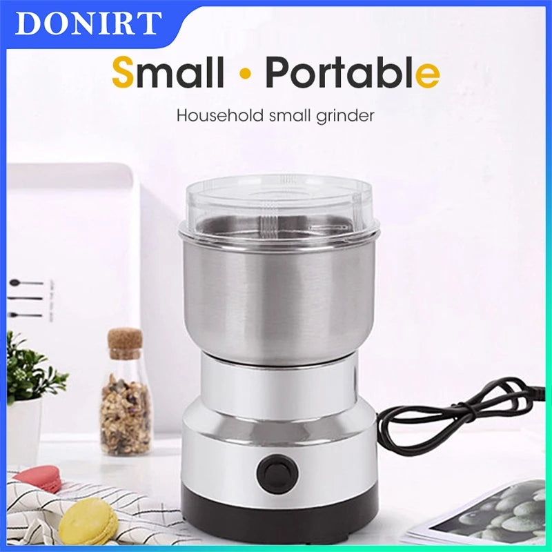 DONIRT portable stainless steel electric coffee bean and spice grinder with clear lid for home use.