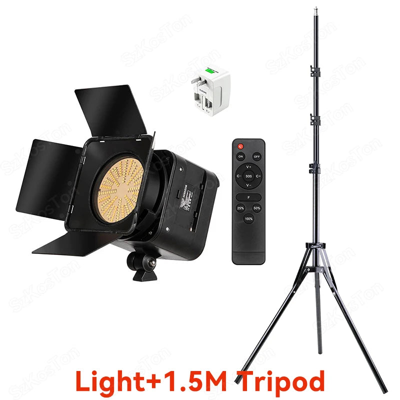 LED video light with barn doors, 1.5m tripod stand, remote control, and power adapter for photography and videography.