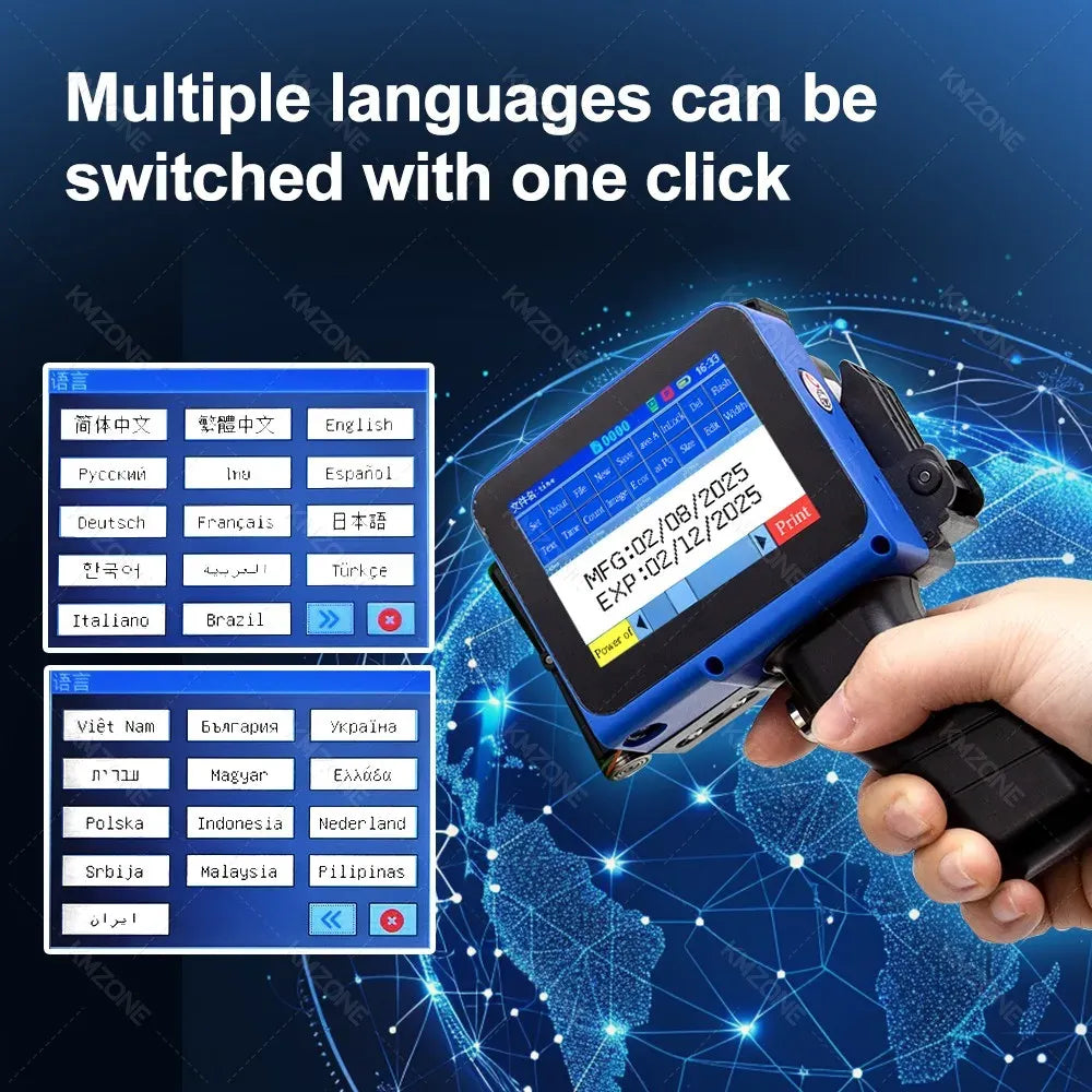 Handheld inkjet printer showing multiple-language menu on the 2.8-inch screen