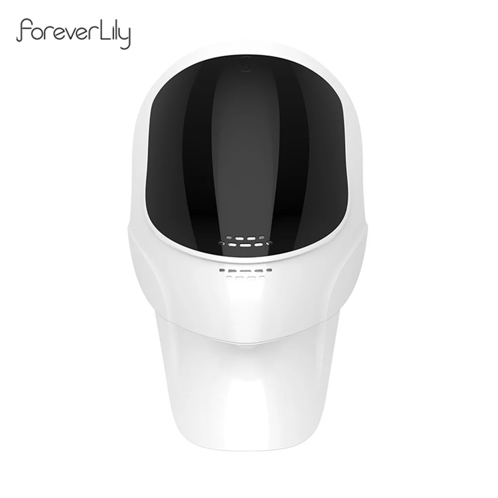 White and black LED beauty mask for face and neck with a sleek, minimalist design on a plain background.