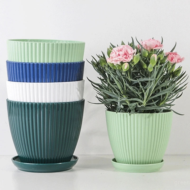Plastic Flower Pots with Tray Solid Color Plant Pot Thickened Double Layer Green Plant Potted Planters Gardening Supplies