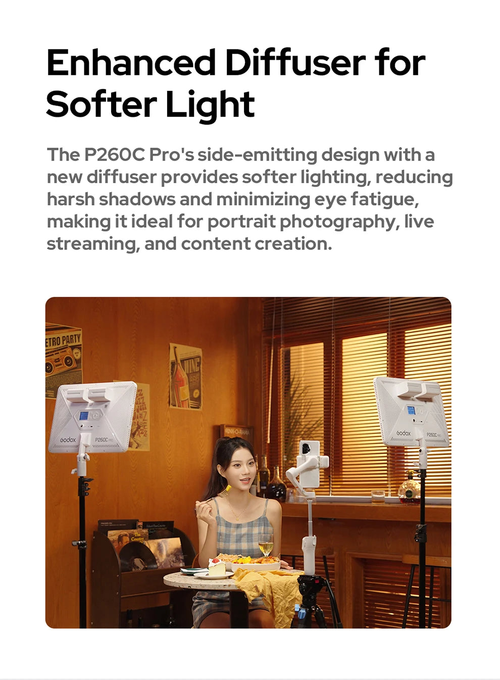 P260C Pro white rectangular LED panel light on a tripod stand, used for soft illumination in indoor photography.