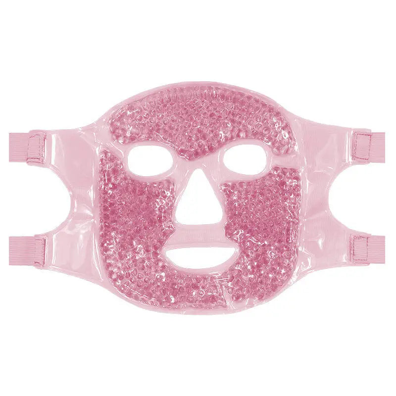 Pink gel bead face mask with cutouts for eyes, nose, and mouth, featuring adjustable elastic side straps.