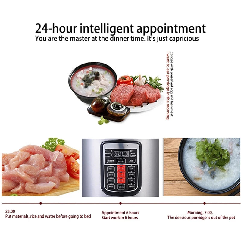 Silver electric pressure cooker showing 24-hour scheduling and digital display