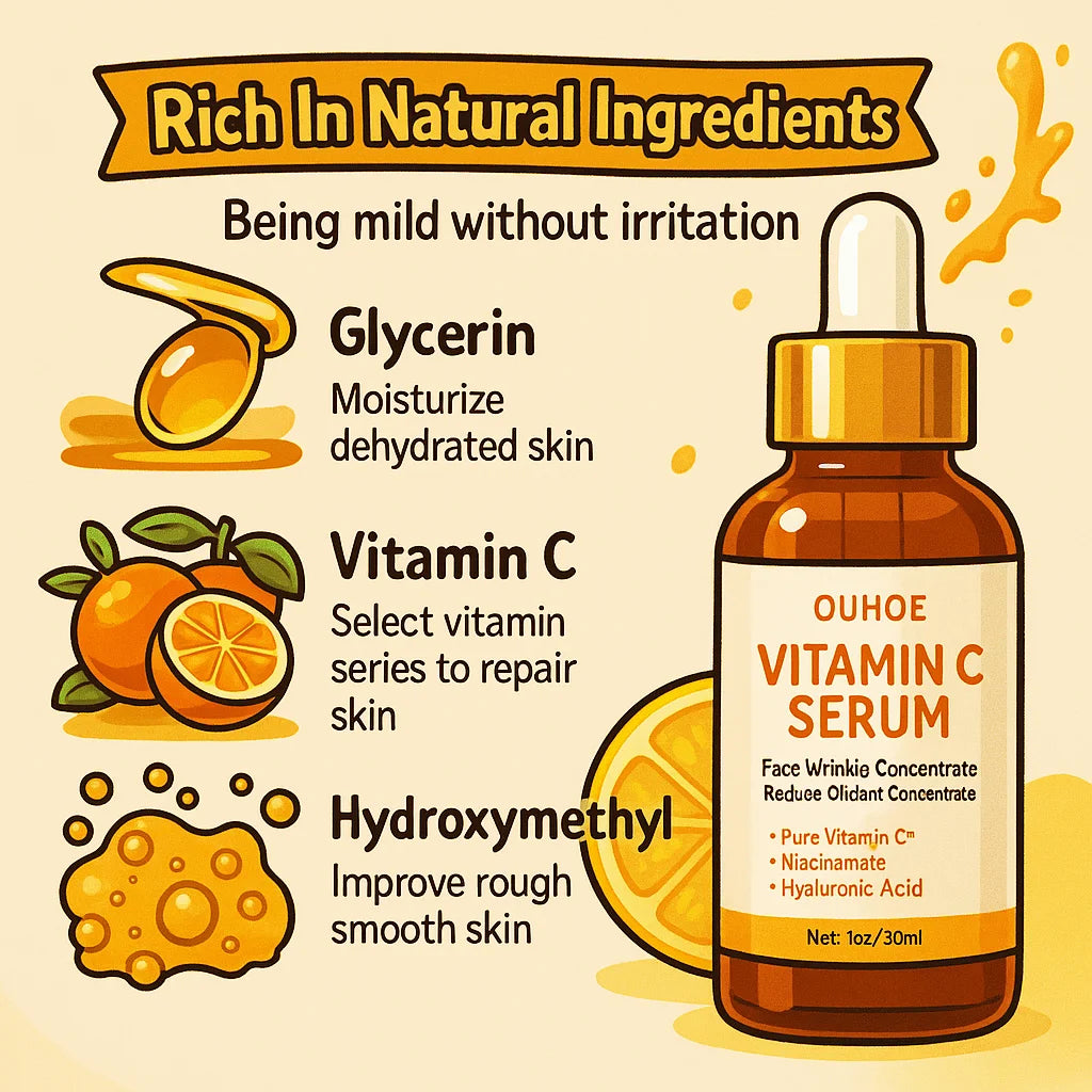 An infographic showing a brown dropper bottle of OUHOE Vitamin C Serum, orange illustrations, and ingredient benefits.