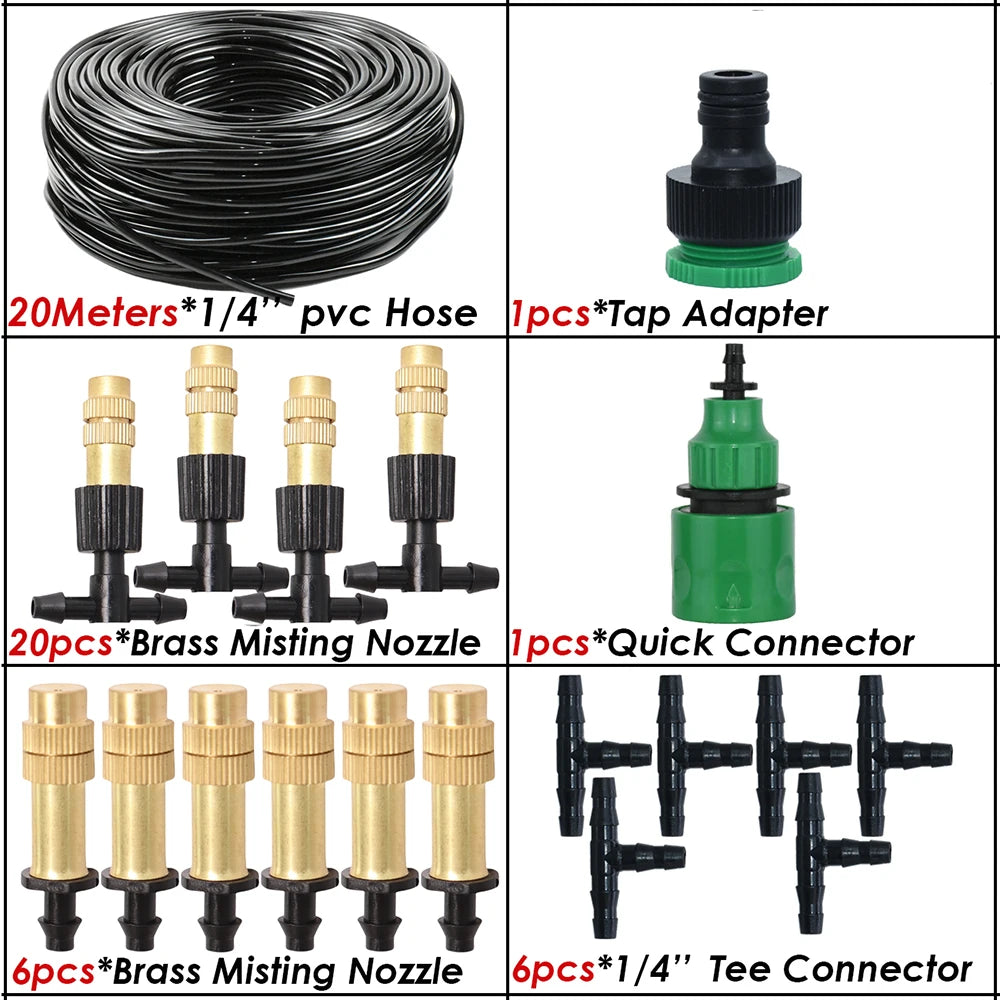 5M-30M Misting Cooling System Garden Irrigation Watering 1/4'' Brass Atomizer Nozzles 4/7mm Hose for Outdoor Patio Greenhouse
