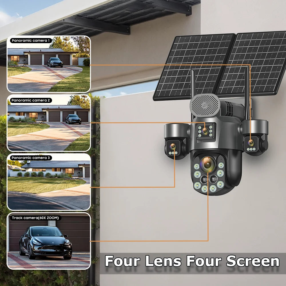 4G Solar Surveillance Camera 4‑Lens 60X Optical Zoom Human Tracking 31200MAH Battery 24‑Hour Recording Outdoor Security Cameras