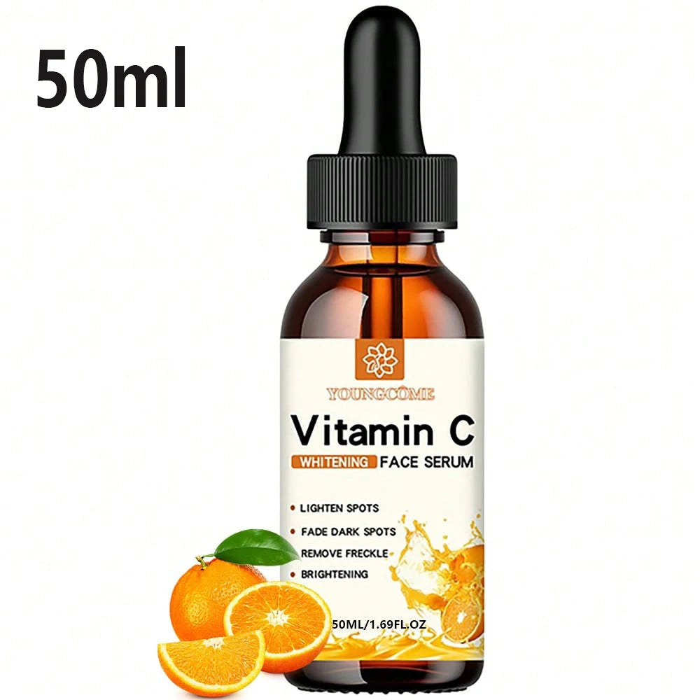 Vitamin C face serum bottle with dropper, amber glass, labeled 50ml